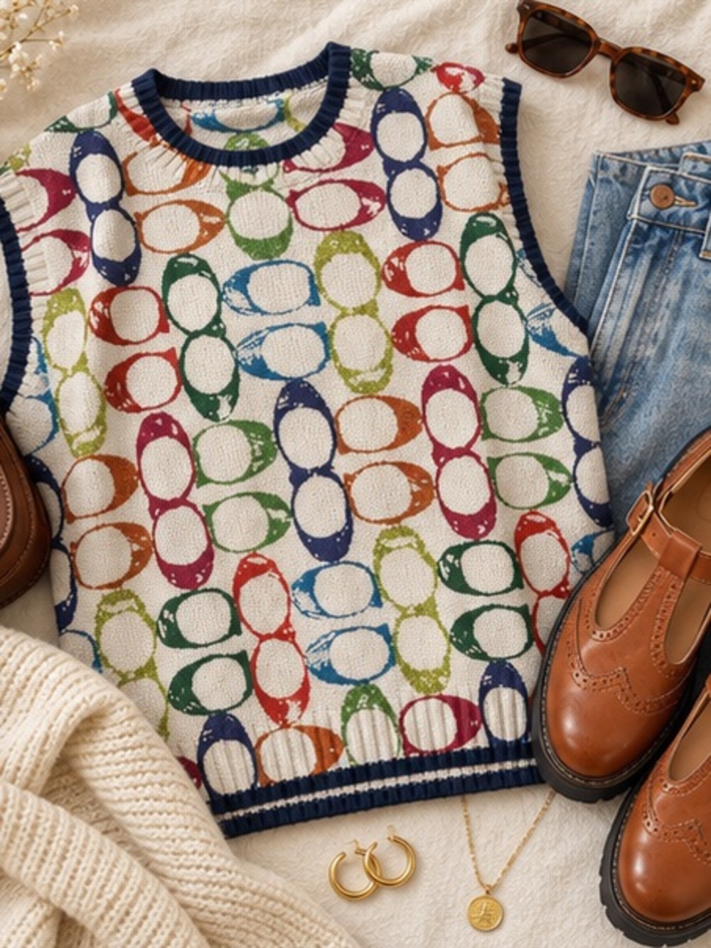 Colorful Designer Inspired Logo Print Sweater Vest